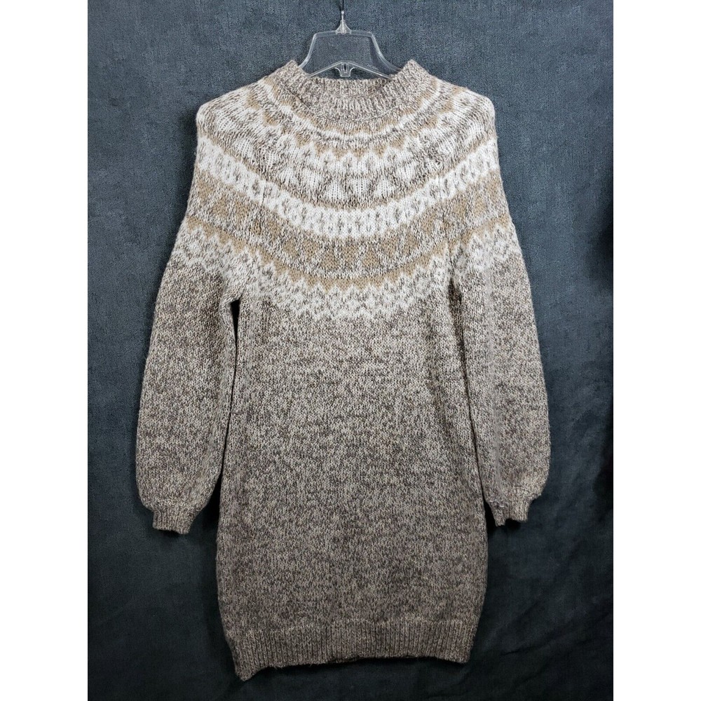 Ann Taylor Loft Womens Med Knit Fair Isle Sweater Dress mock neck Gray beige